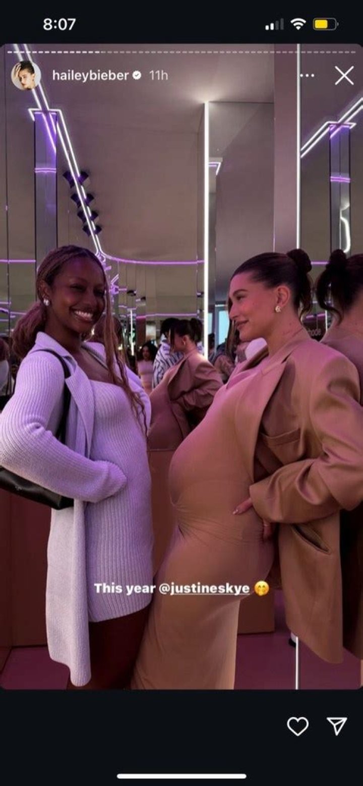 Hailey Bieber Shows Off Baby Bump in Cute Photo With Pal Justine Skye